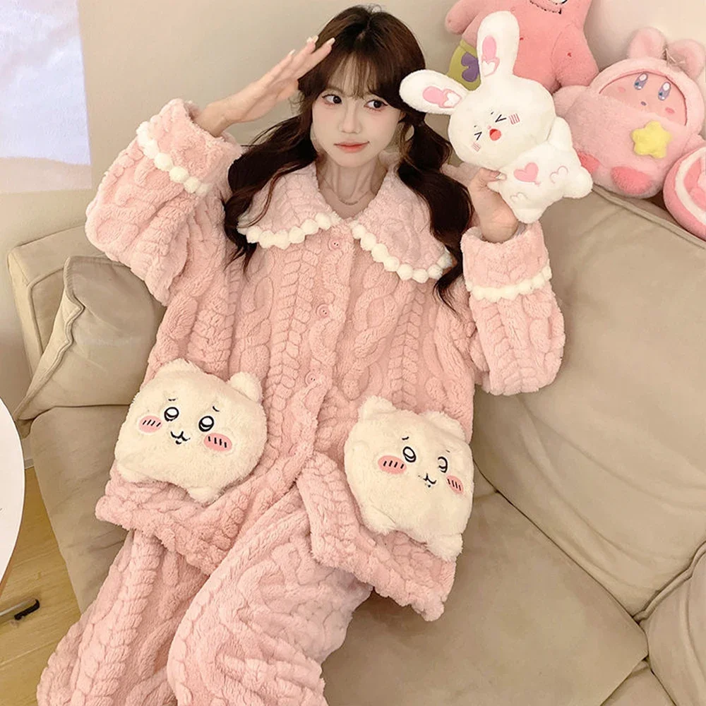 Kawaii Chiikawa Plush Pajamas Set Set Anime Hachiware Coral Fleece Warm Cartoon Thicken Homewear Girls Nightgown Tops Pants