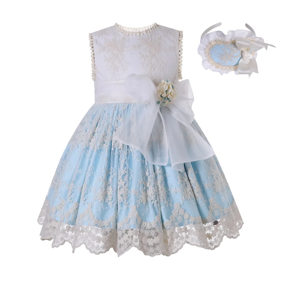 Pettigirl Cute Sleeveless Blue and White Kids Children Summer Wedding Dresses for Infant Girls Clothes with Hairband 2to12Y