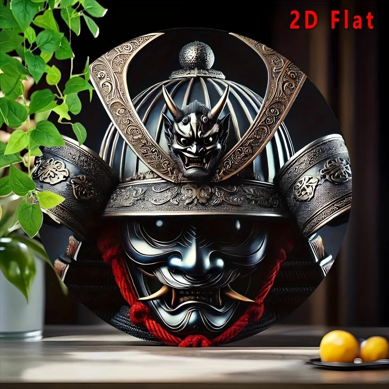 Japanese Samurai Oni Mask Armor Traditional Art 2D flat Round Metal Tin Sign Warrior Theme Wall Decor Gift 7.87x7.87 Inch