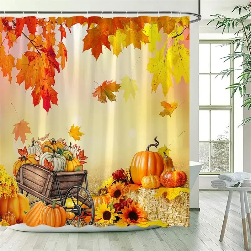 Autumn Farm Shower Curtains Red Maple Leaves Haystack Pumpkin Truck Sunflower Bathroom Curtain Decor Waterproof Cloth With Hooks