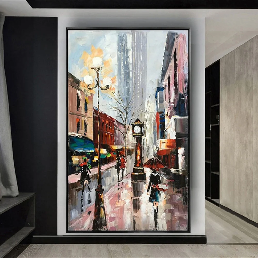 Abstract Canvas Poster 100% Hand-Painted City Oil Paintings Urban Colorful Wall Art Picture For Living Room Home Decor Mural