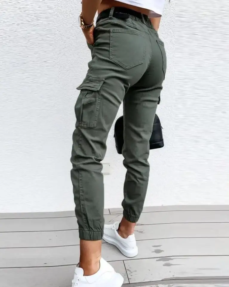 Women's Pocket Design High Waist Cargo Pants Female Fashion Clothing Pants Temperament Commuting Summer Female Trousers