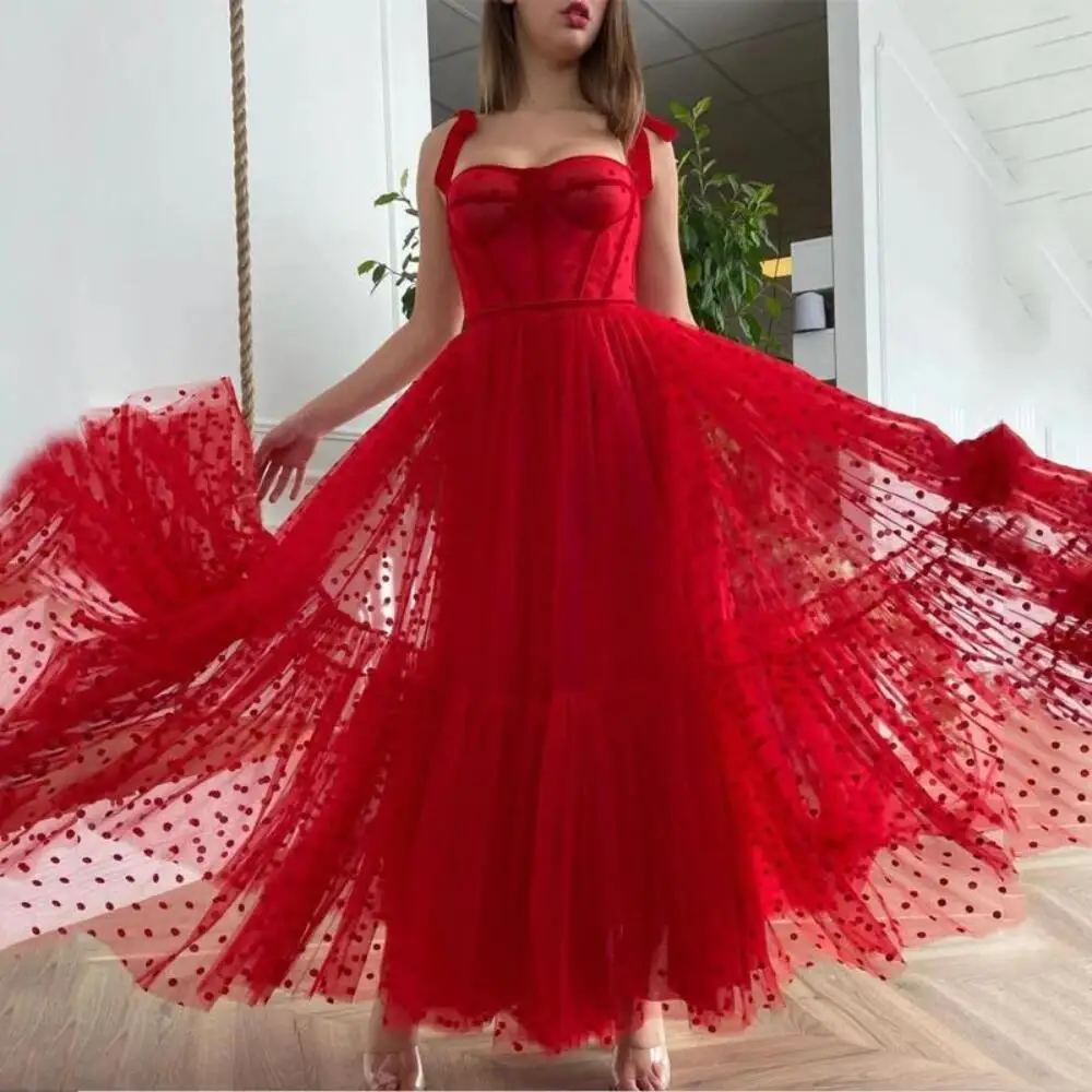 Elegant Red Sweetheart Bow Straps Polka Dot Gauze Skirt Ankle Length Prom Dress A-Line Tulle Evening Dress