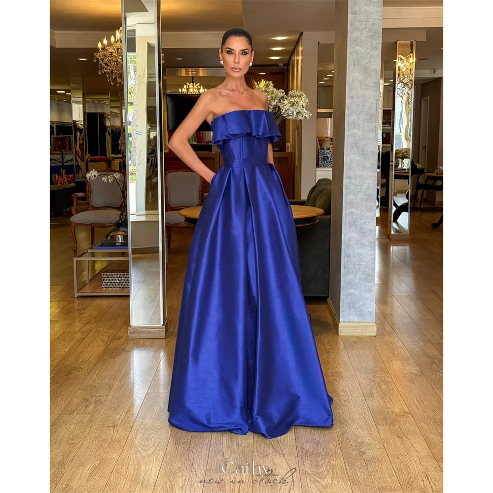 캐시 맞춤형 로얄 블루 스트랩리스 포켓 프로미 드레스 A라인 민소매 웨딩 드레스 플로어 길이 이브닝 드레스