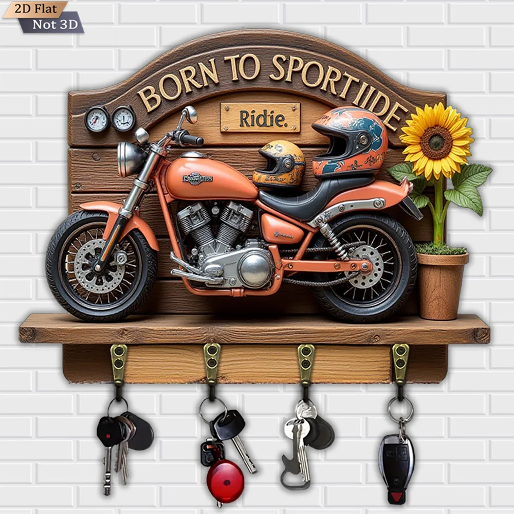2D flach, 1 Stück, Vintage Motorrad Form Schlüsselhaken Holz multifunktionale Home Schlüsselhaken mit vier Metallhaken, Wanddekoration,