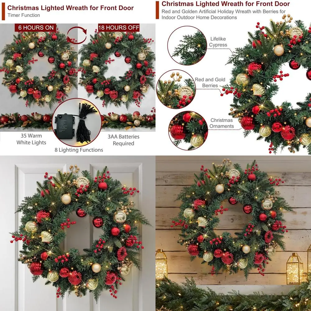 

Предварительно освещенный 35 светодиодов, 28 дюймов, искусственный венок из красного и золота с ягодами для рождественских дверных украшений