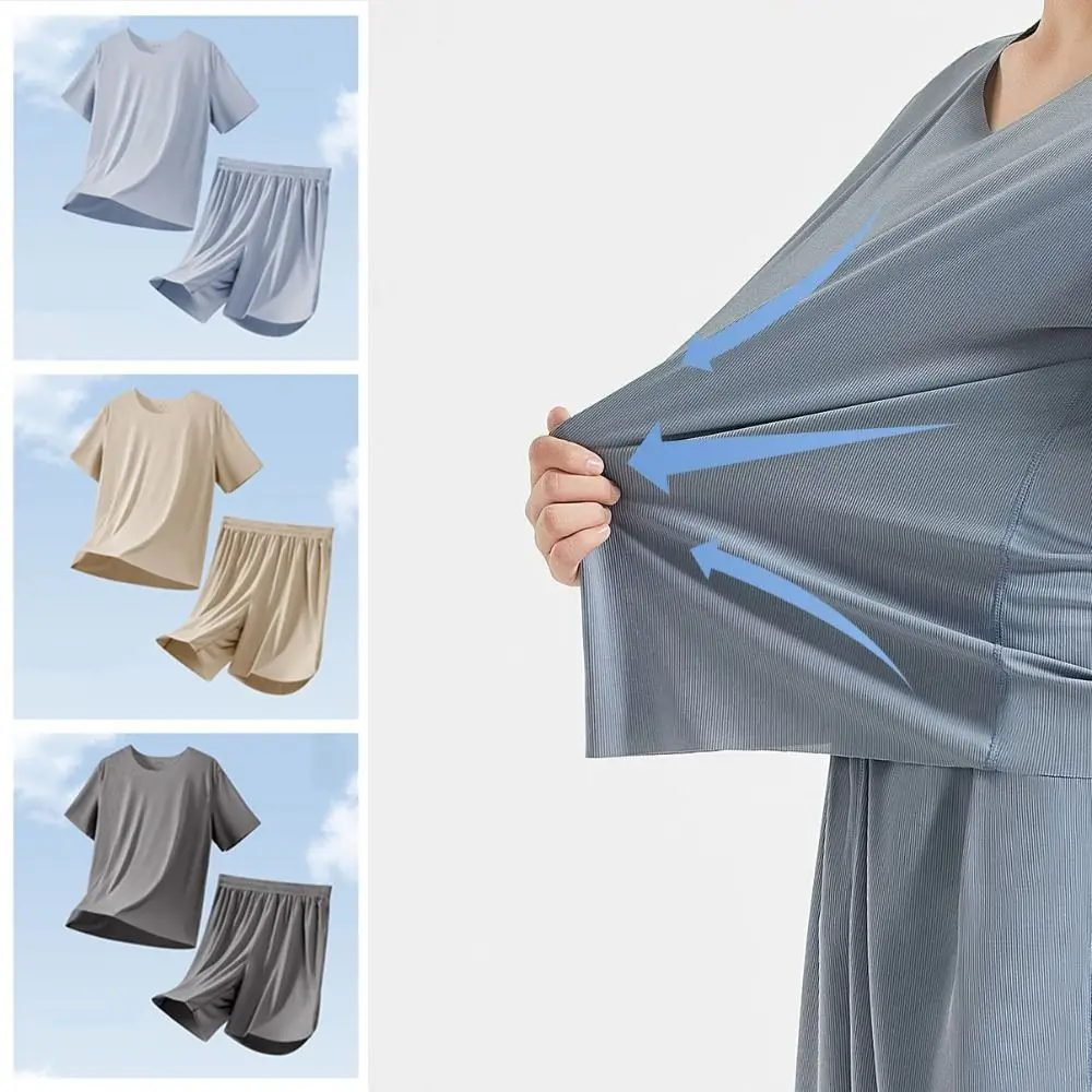 

Casual Seamless Short Sleeve Sleepwear Suit Loose Ice Silk Men Summer Pajamas Home Wear Simple 2Piece Nightwear Set Summer