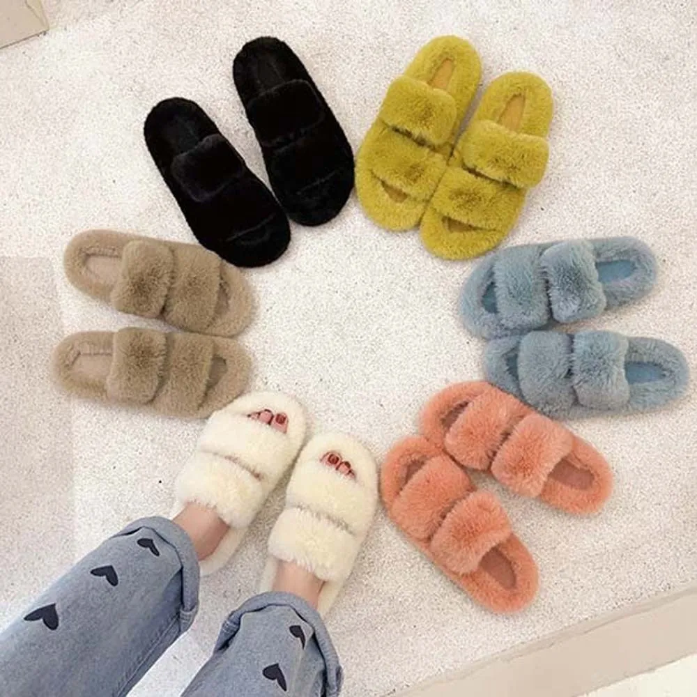 Soft Winter Open Toe Slippers Double-bar Anti-slip Plush Cotton Slippers Furry Solid Color Warmer Home Cotton Shoes Autumn