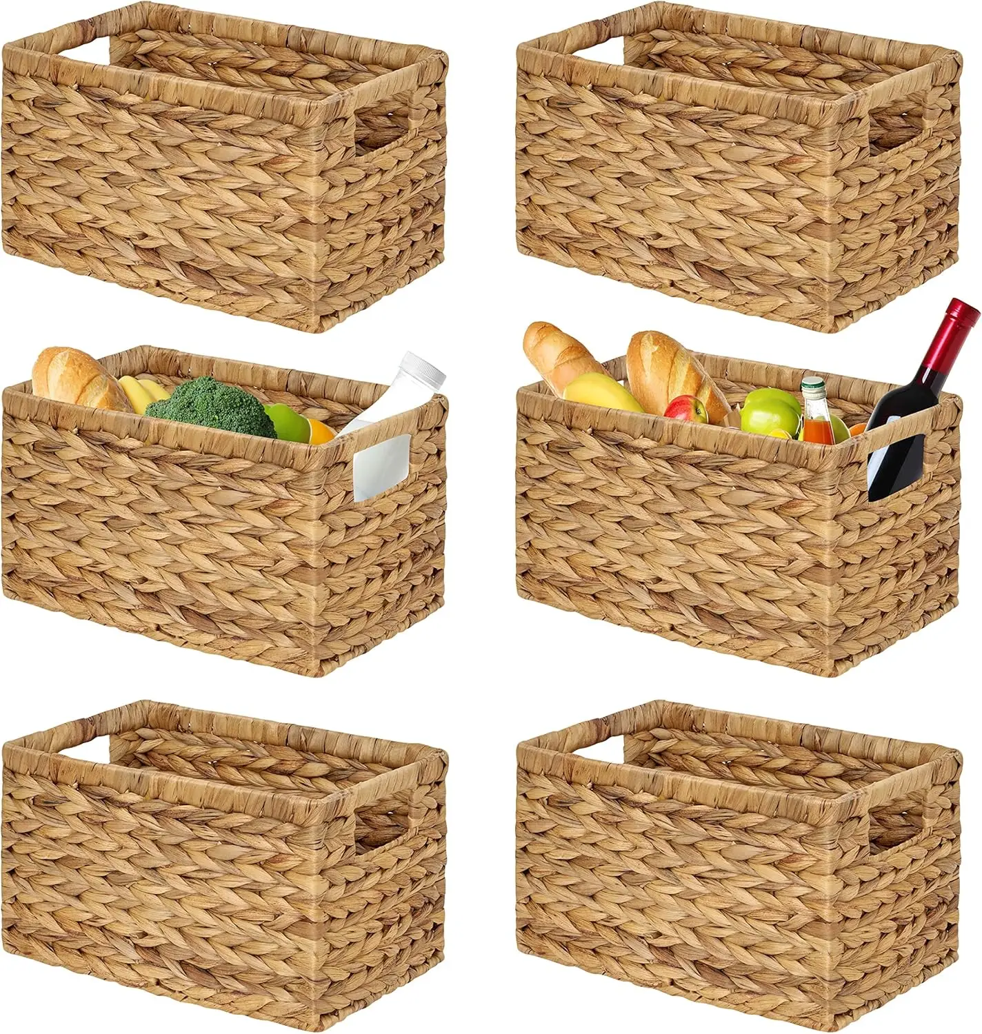 

Set of 6 Natural Woven Storage Baskets, Rectangular with Handles, Medium Size for Home Organization