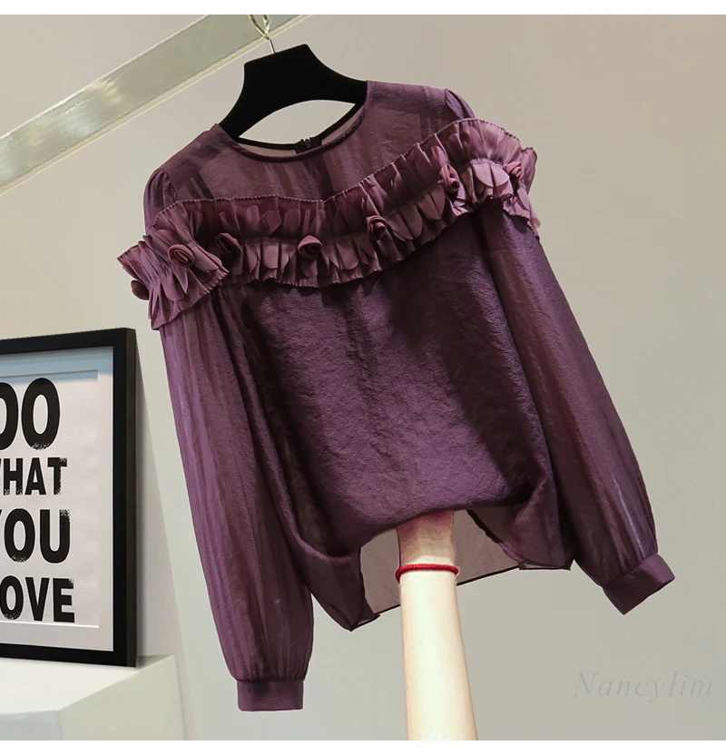 

Flower Crew Neck Chiffon Sunscreen Shirt Purple Blouse for Women 2025 Summer Lotus Leaf Edge Long Sleeve Blusas Femme with Liner