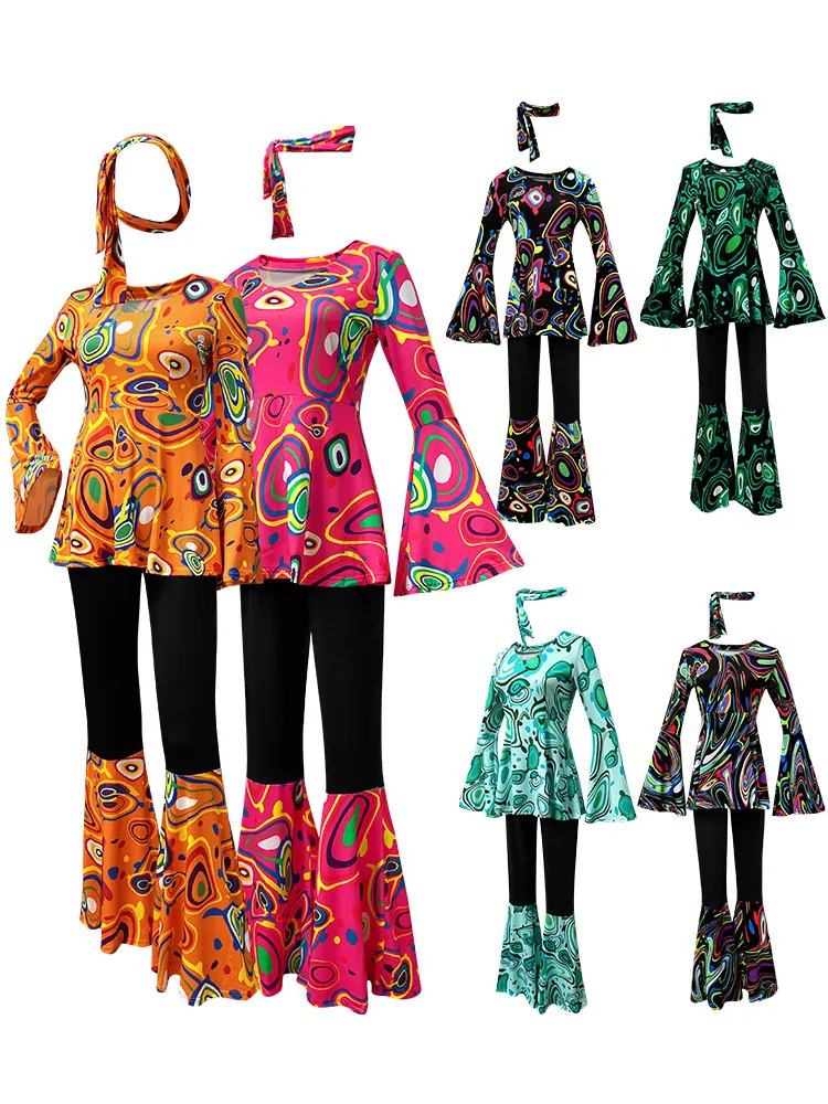 

Многоцветный комплект с цветочным принтом в стиле пэчворк для дискотек, женский комплект с принтованным топом и брюками, повседневный комплект с головным платком, наряд для вечеринки