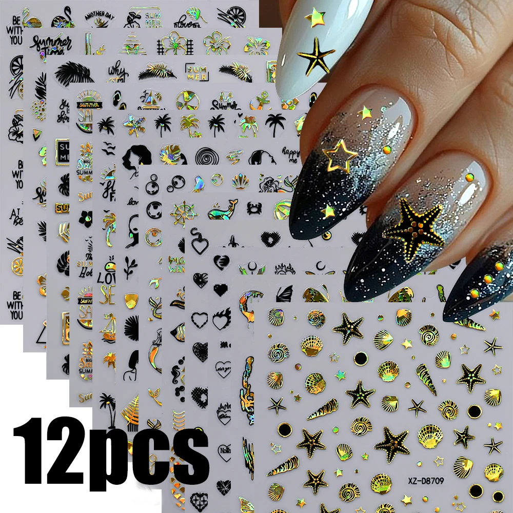 

12Pcs Black Gold Ocean Seashell Starfish Nail Stickers 3D Bronzing Summer Marines Life Self Adhesive DIY Nail Art Decal Supplies