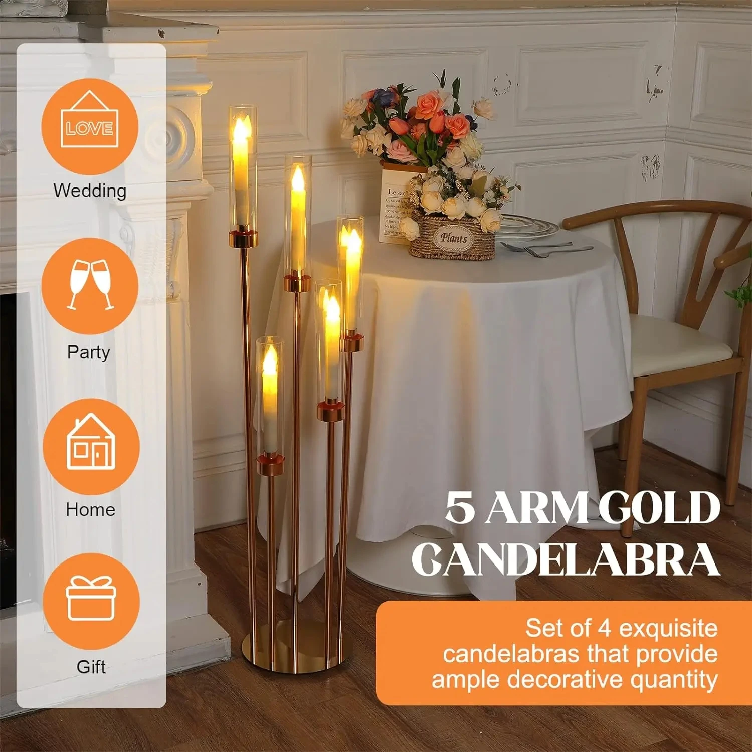 Metal Candelabra for Table Centerpiece, Gold Candelabrum Stand, Wedding Candlestick, Road Lead 5 Heads 10Pcs