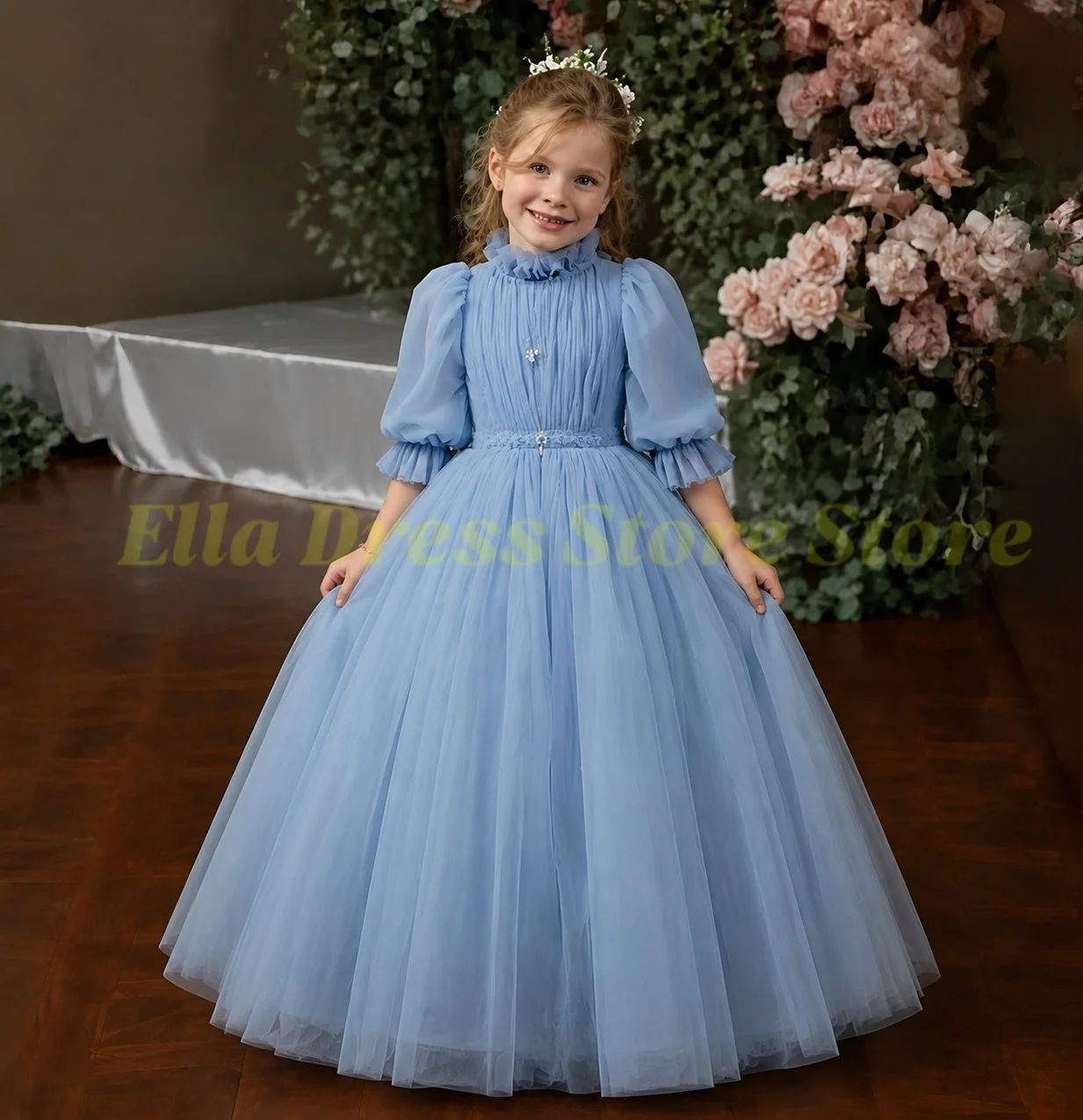 Einfach Großhandel Maßgeschneidertes Blumenmädchenkleid für Hochzeit Halbarm Tüll Kinder Geburtstagsfeier Erstkommunion Mädchenkleid – Detail 1