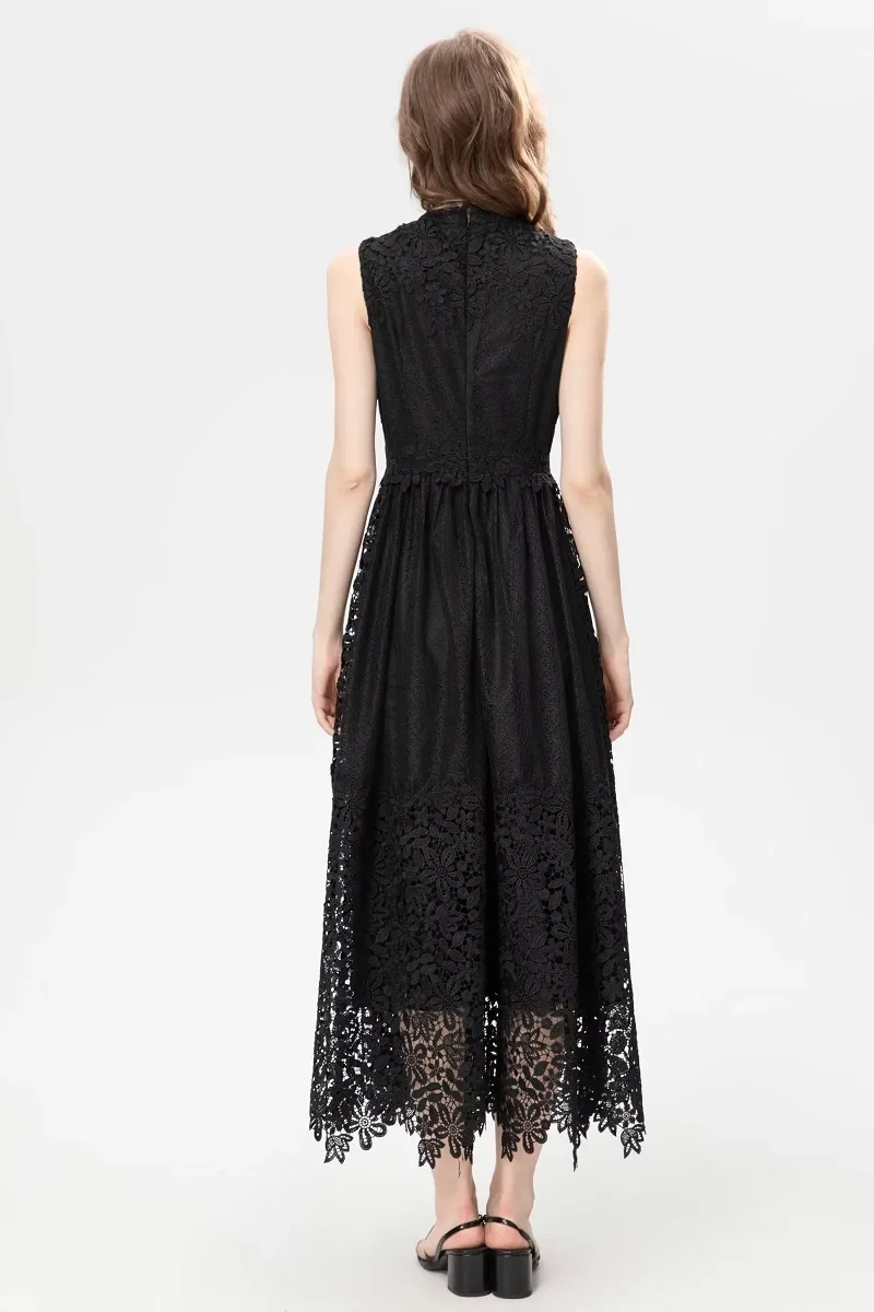 Black Long Dress 2024 Spring Party Evening Vestidos Women Lace Embroidery Patchwork Sleeveless Slim Fit & Flare Dress Elegant