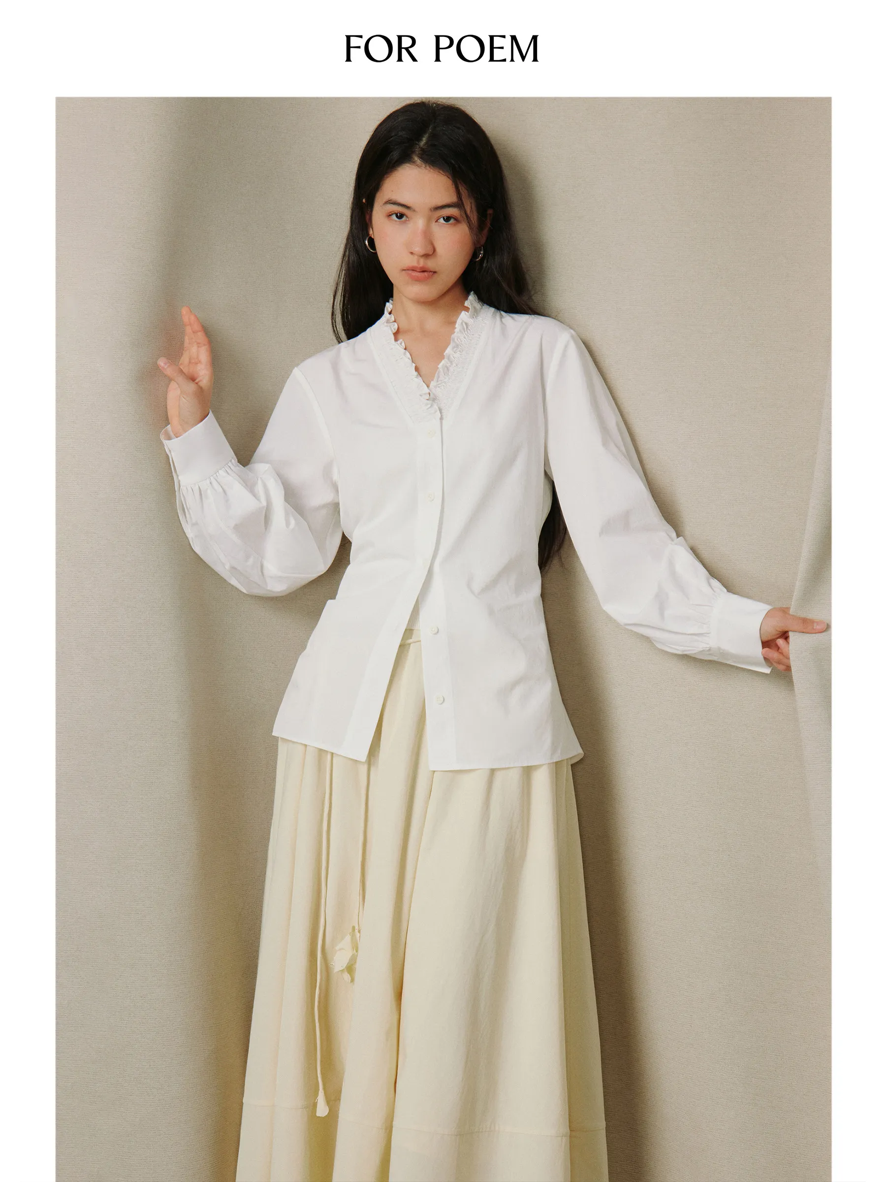 

ForPoem Original Design Commute Series Women's Shirt Tapered Waist Lace Trim White Simple Style Cotton Blend Long Sleeve V-Neck