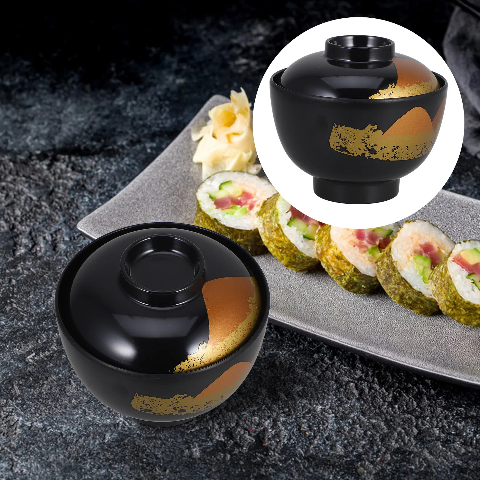 Cuenco de sopa japonés tradicional con tapa, cuenco de melamina para arroz y fideos para restaurante, mesa de comedor para el hogar, servicio de sopa asiática