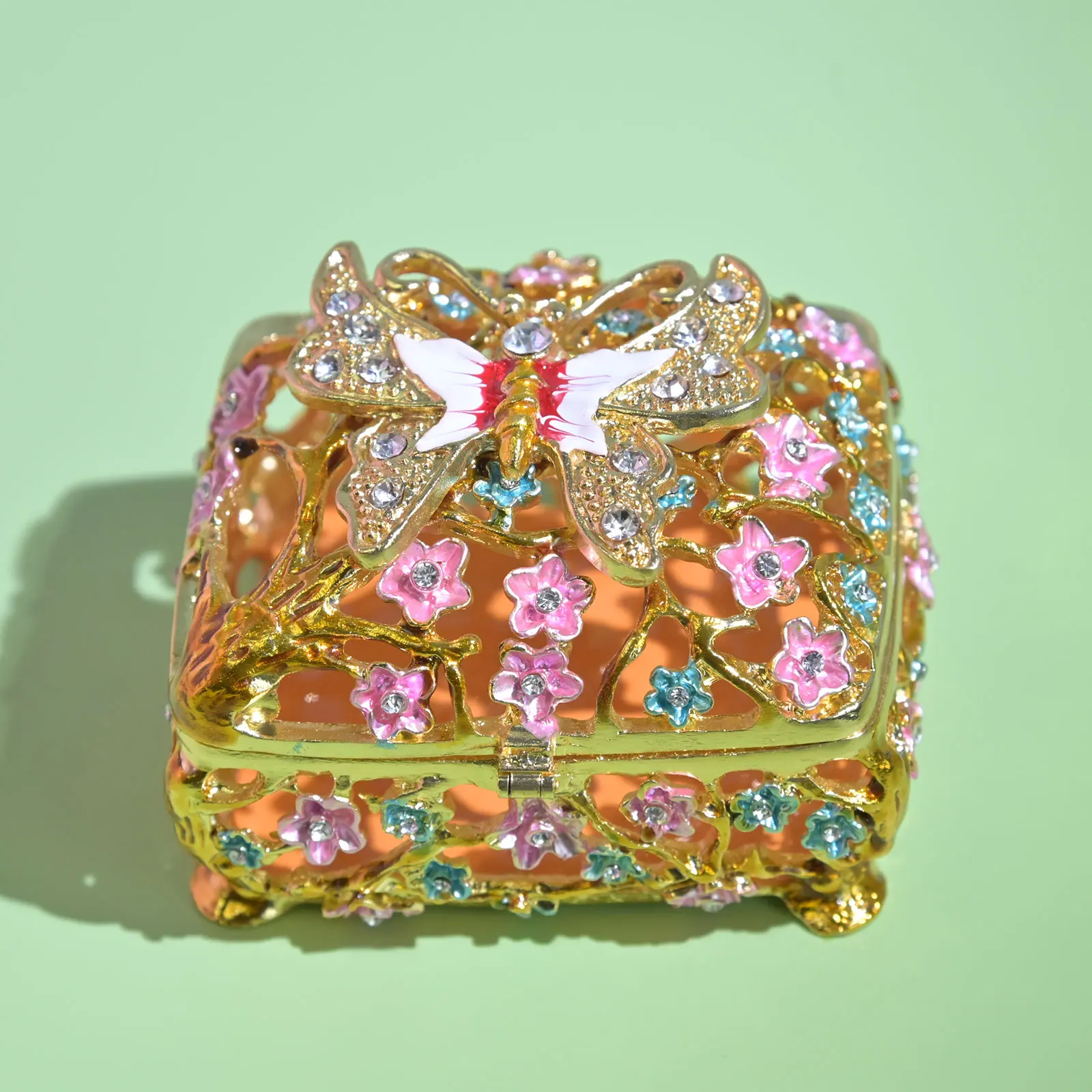 Butterfly Trinket Box Hinged Rhinestone Jeweled Colorful Enamel Ring Box Openable Decorative Hinged Jewelry Holder Wedding Gift