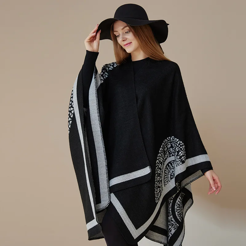 

Autumn Ponchos Women's Double-sided Shawl European American Retro Fashion Jacquard Split Fork Thickened Warm Shawl Popular