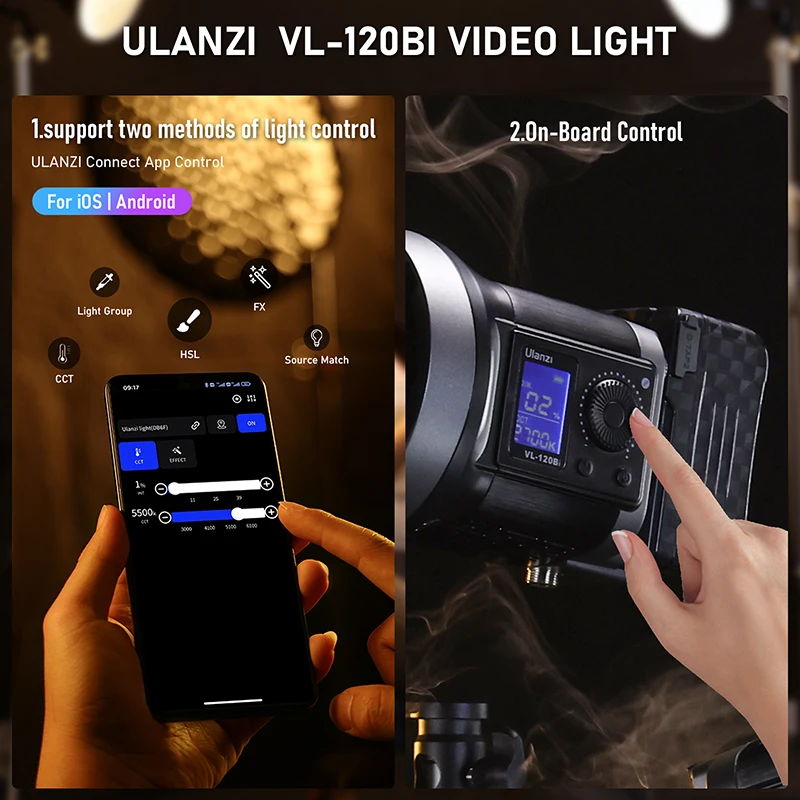 Ulanzi VL-120Bi VL-120C 120W V-Mount COB Video Light Wireless APP Control 2700K-6500K CRI＞95 for Video Photography Studio