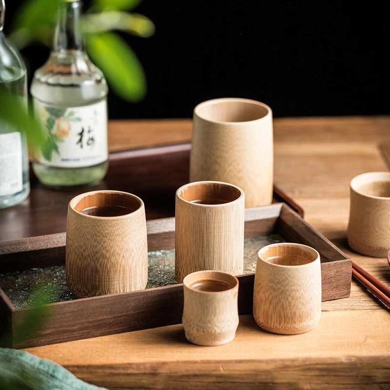 Cangkir bambu rumah gaya Jepang gelas air ukir alami cangkir minum teh bir kopi cangkir kayu buatan tangan