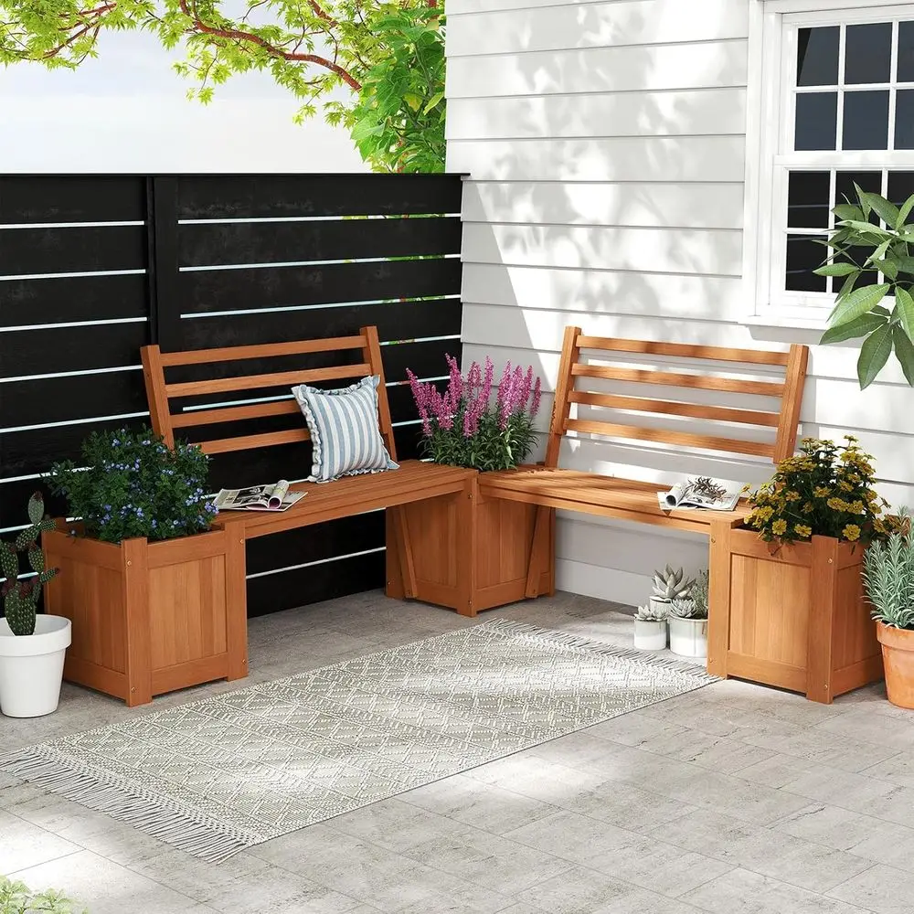

2-Piece Outdoor Planter Bench with Teak Wood Seat, Open-Ended Garden Beds, Backrest, Ideal for Yard, Balcony, Porch