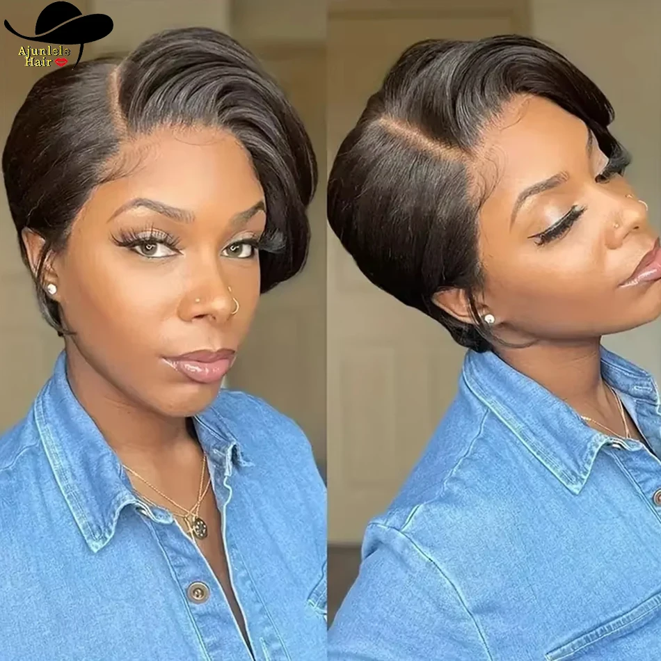 

Peruvian Hair Side Part Pixie Cut Straight Wigs Short Bob Hair Wig Virgin Human Hair Natural Color 13x4 Lace Frontal Hair Wig