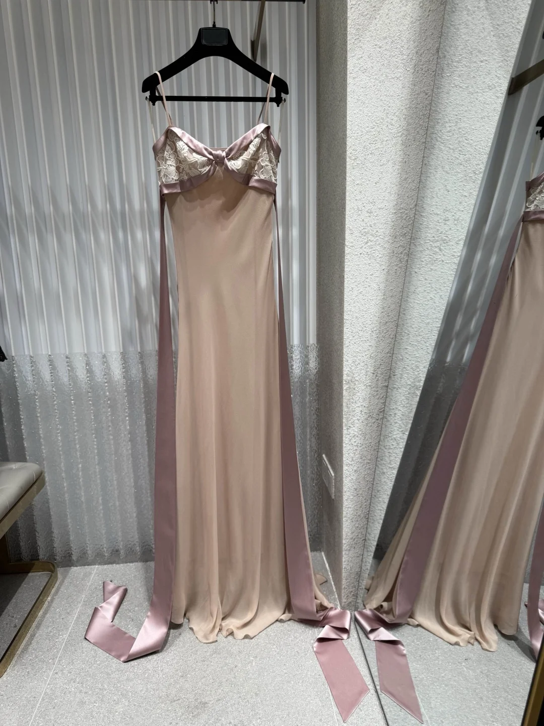 

Romantic Blush Pink Silk Satin Dress with Embroidered Lace Bustier Flowing Sash Elegant Maxi Evening Gown