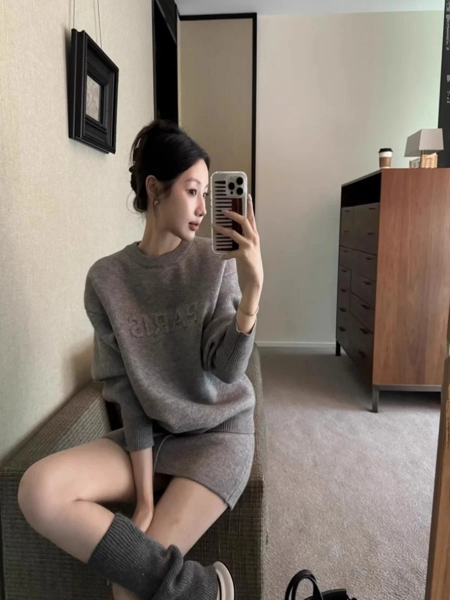 

Повседневная вязаная толстовка с длинной юбкой и комплект из двух предметов для женщин в глаз для осенне-зимних поездок на работу Sle Regular ...