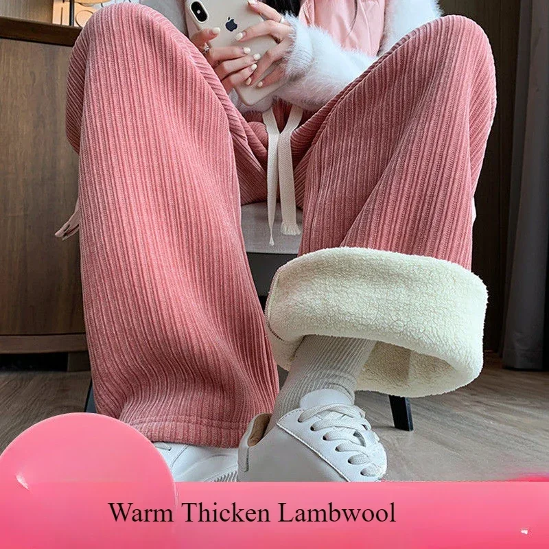 Winter Warm Thicken Lambwool Fluff Wide Leg Pants Women Korean Fashion Casual Snow Wear Pantalone Baggy Plush Fleece