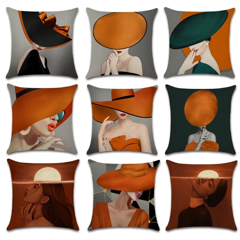 

Modern Fashion Girl Cushion Cover Pretty Woman In A Hat Printed Pillowcase Home Decorative Sofa Beautiful Lady Throw Pillow Case