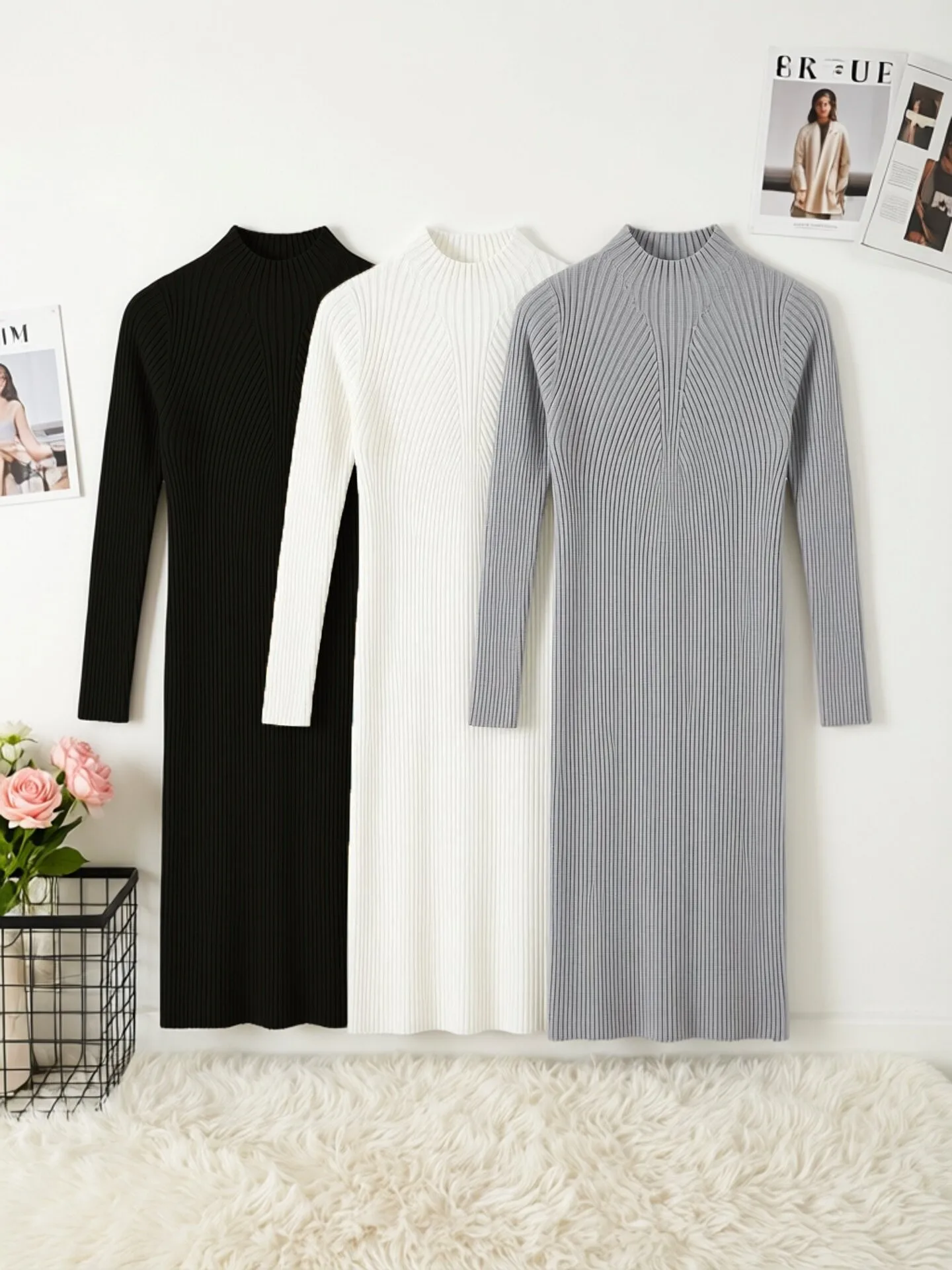 Sweater Dress Female 2026 Winter Knitted Basic Casual Women's Dresses Ladies Korean Fashion Clothes Clothing Robe Elegant Black