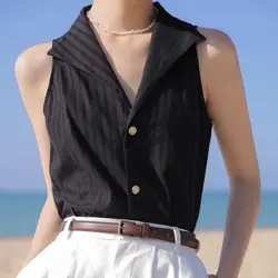 Fashion V-Neck Striped Sleeveless Button Chiffon Oversized Shirt 2022 Summer New Casual Tops Loose Commute Women Clothing Blouse