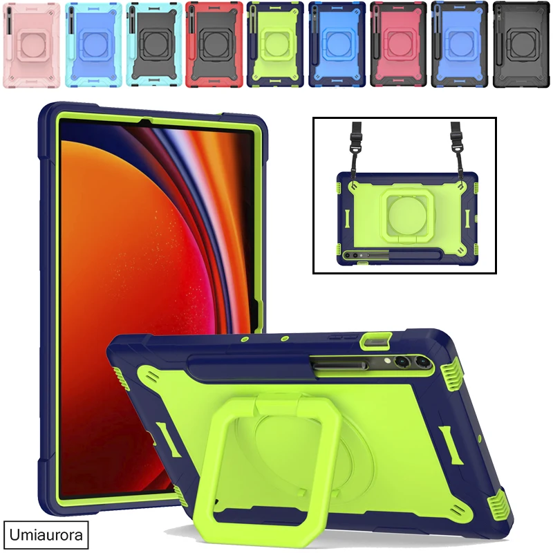 For Samsung Tab S7 S8 S9 FE Plus 12.4 inch SM-X610 SM-X810 SM-X710 T970 T730 Case Rotation Pull Ring Stand Kids Shockproof Cover