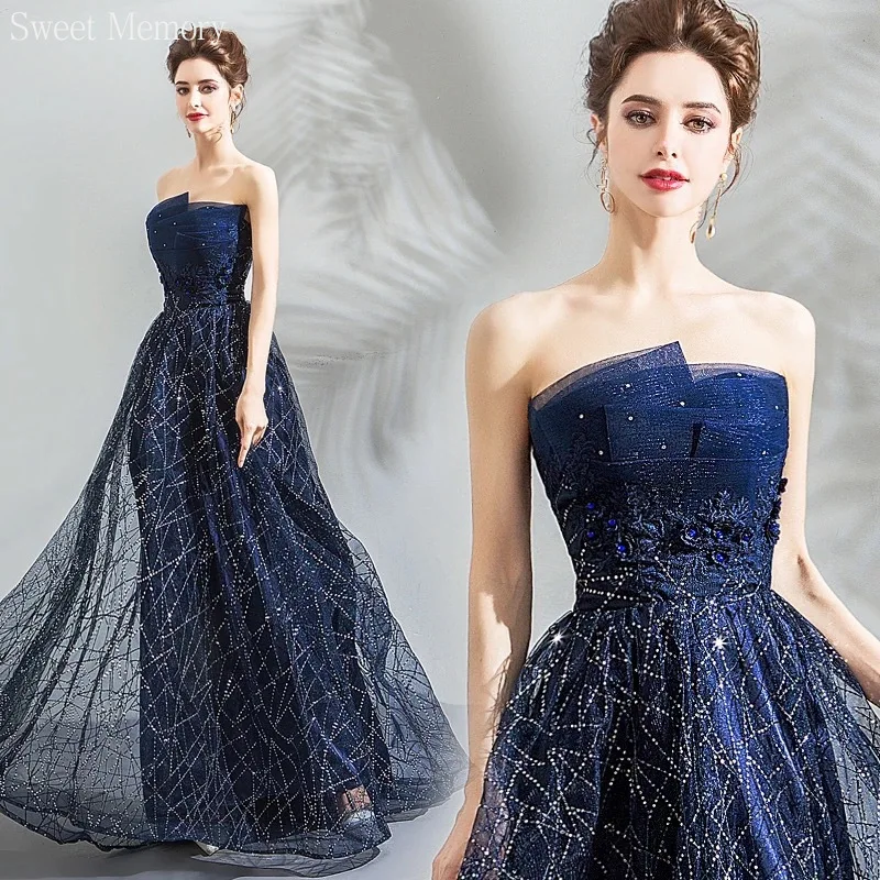 J139 Sexy Strapless Blue Prom Dresses Woman Performance Stage Lace Up Wedding Party Gown Princess Girl Lady Formal Dress Long