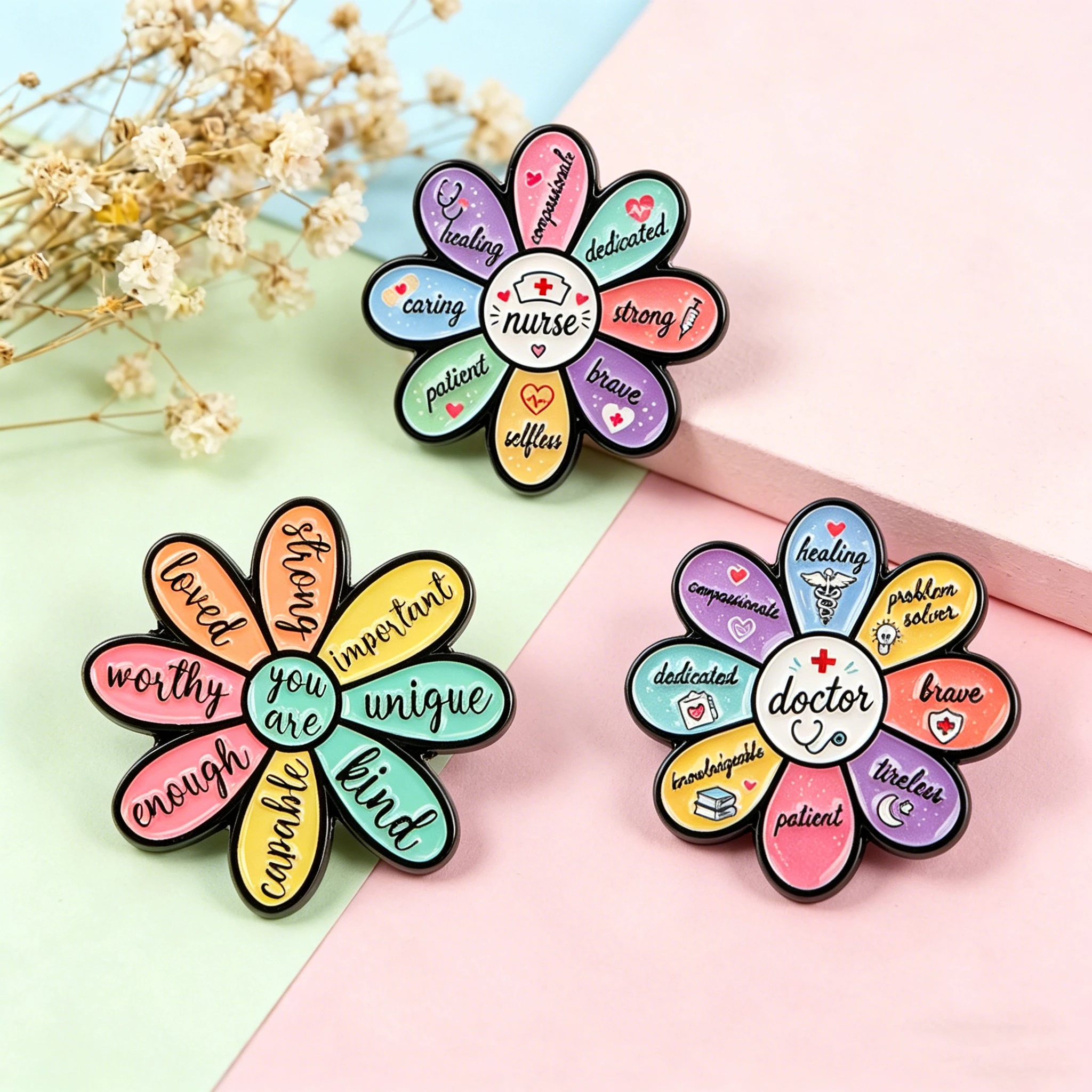 3-teiliges Set Krankenschwester-Arzt Emaille-Anstecknadeln mit Blumen und Inspirierenden Zitaten für Kleidung, Rucksäcke und Revers - Schmuckgeschenk für Damen und Herren