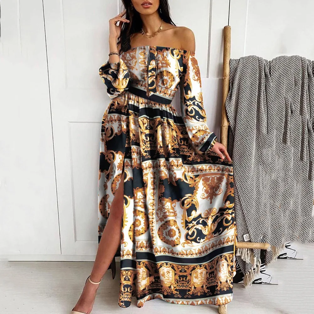 

2025 New Product Dress Printed V-Neck Long Sleeve Large Swing Split Skirt