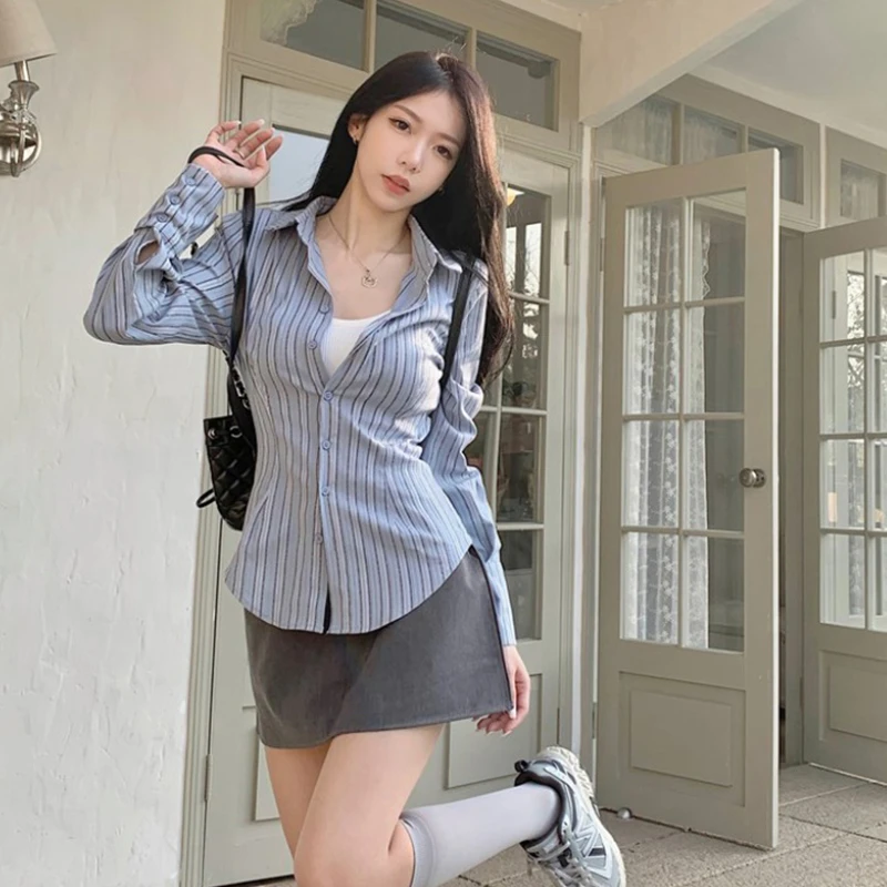 Office Lady Shirts Striped Single-breasted Blouse Women New Long Sleeve Tops Turn-down Collar Korean All-match Shirt