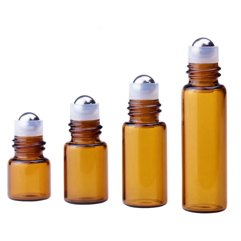 50pcs 1ml 2ml 3ml 5ml Amber Thin Glass Roll on Bottle Sample Test Essential Oil Vials with Roller Metal Ball