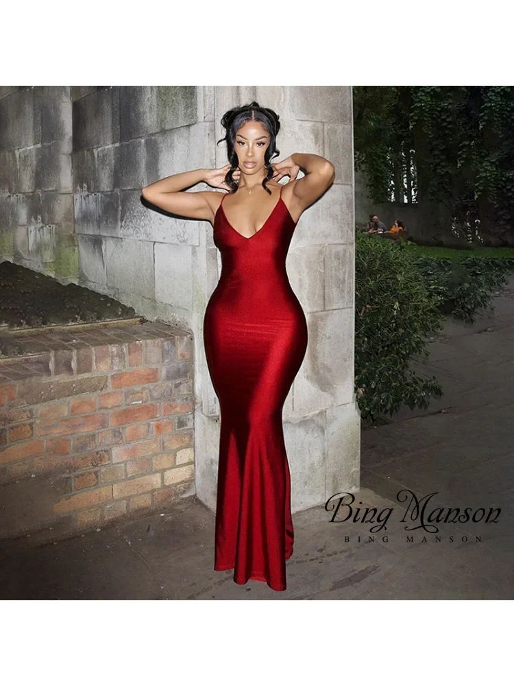 

2023 Summer Dinner Party Club Red Spaghetti Strap Maxi Fishtail Dress Women's Sexy Sleeves Open Back Pleated Slim Fit Robe