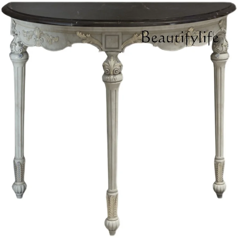 

American French door entrance cabinet solid wood carving flower old entrance table European semi-round wall table