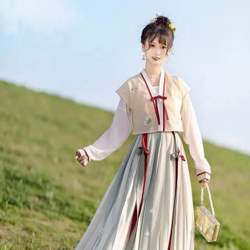 

China traditional Hanfu round neck shirt pleated skirt Han element improvement silk ancient style Hanfu female summer style