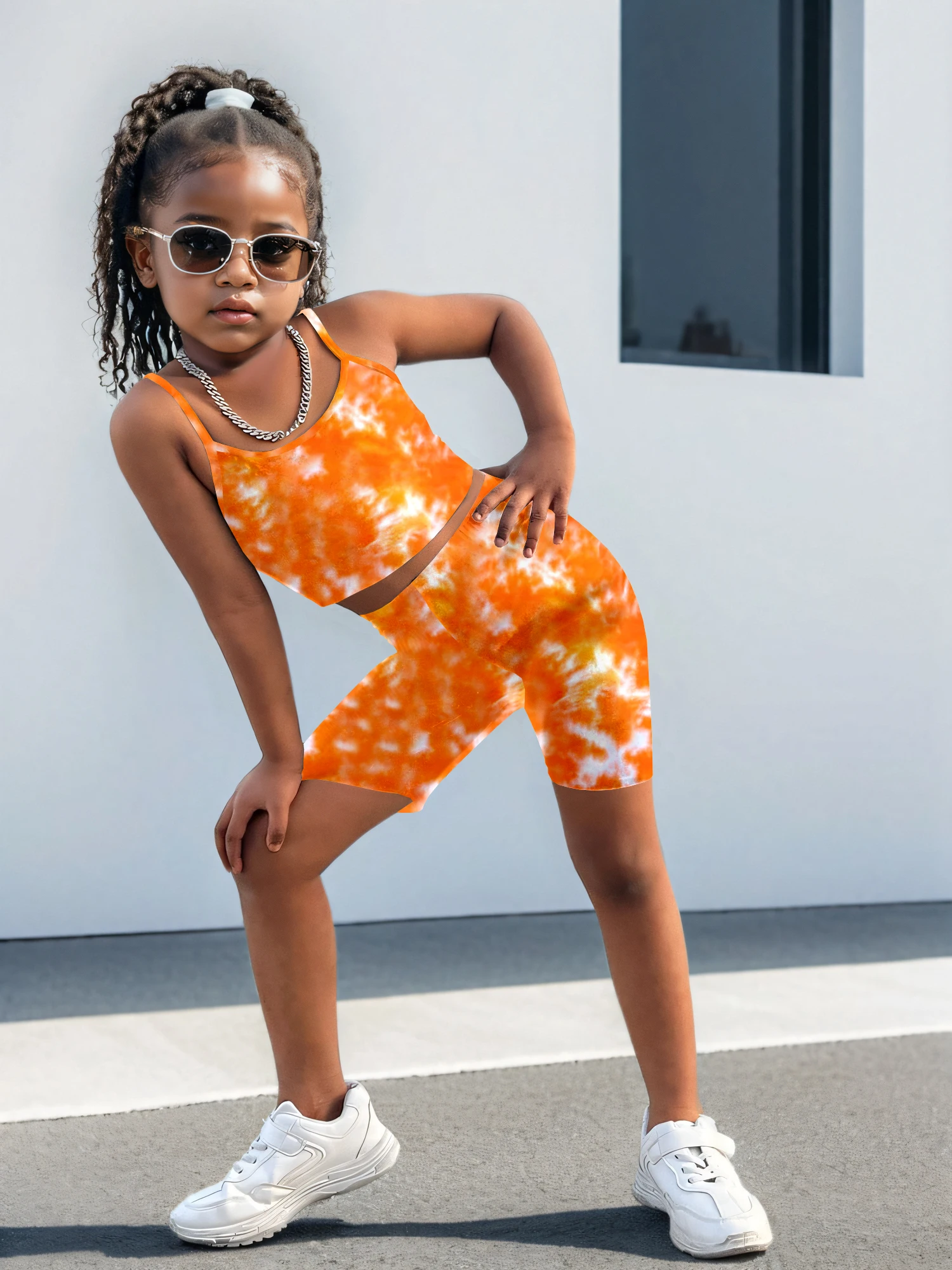 Girls 2 Piece Orange Tie Dye Outfit Sleeveless Cami Crop Top & High Waist Biker Shorts Kids Summer Streetwear Set