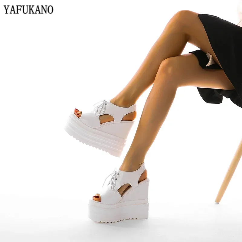 14Cm Super High Heels Wedges Women Sandals 2024 Summer Thick Bottom Peep Toe Platform Female Sandals Sexy Party Dress Show Shoes