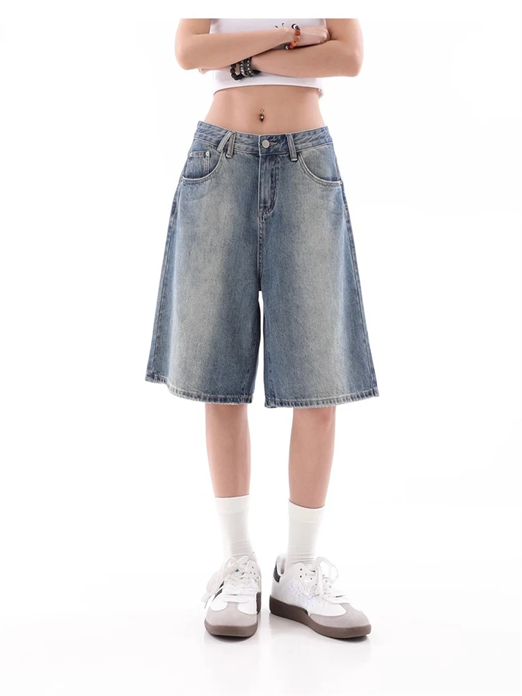 

Women Retro Large Size Denim Shorts Unisex Style Wide Leg Capris Vintage Street 2024 Summer Female High Waist Loose Short Jeans