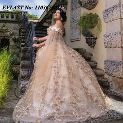 EVLAST Customized Mexican Champagne Quinceanera Dress Ball Gown 3D Floral Applique Beading Sweet 16 Vestidos De XV 15 Anos SQ132