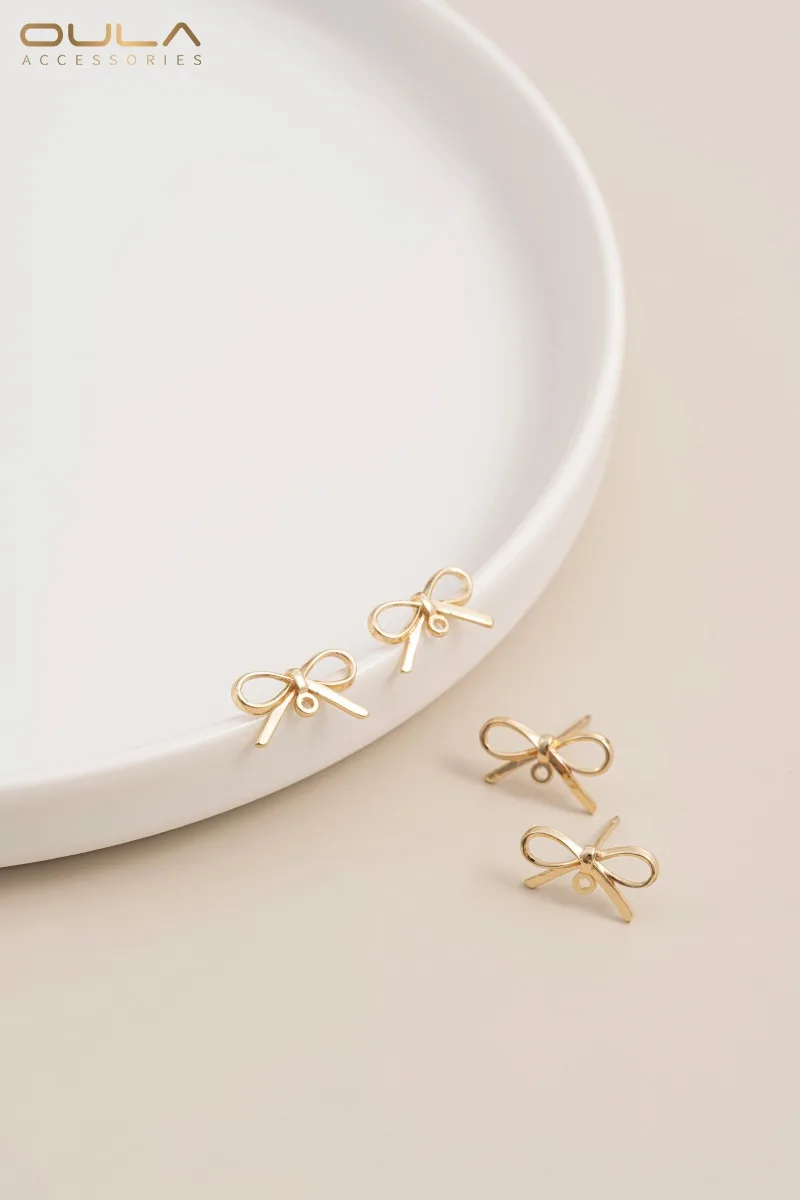 

14K Genuine Gold Bow Stud Earrings with Pendants, Diy Simple and Fashionable Handcrafted Earrings Accessories Earring Materials