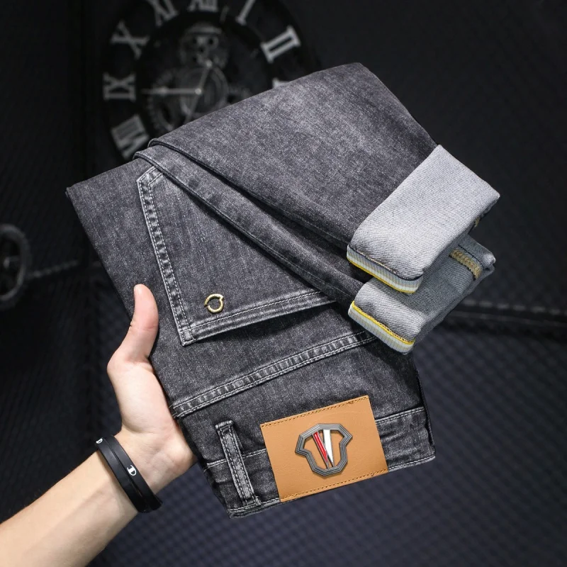 High-end light gray jeans men's slim fit skinny2024spring new fashion elastic minimalist all-matching trousers