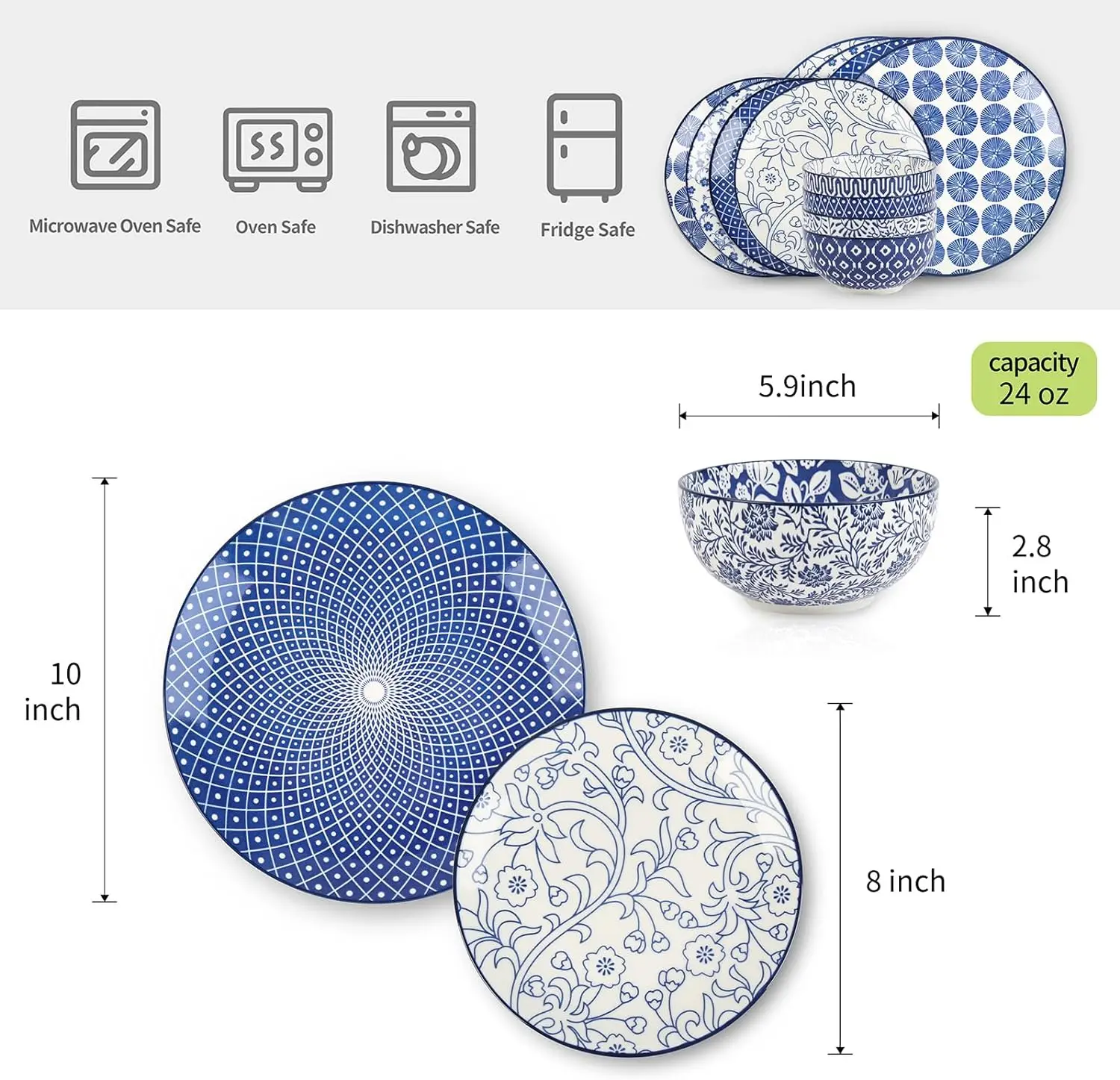 

Ceramic 12-Pieces Dinnerware Sets, Dish and Bowls Service for 4, Dinner Salad Dessert Plates, and Cereal Bowls Set,