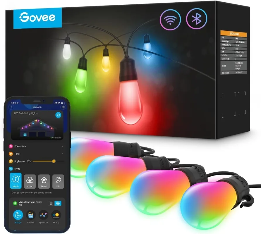 

Govee Smart String Light,RGBIC(2 Ropes of 48ft) LED Bulbs,WiFi Patio Lights Work with Alexa,APP Control,IP65 Waterproof,Dimmable